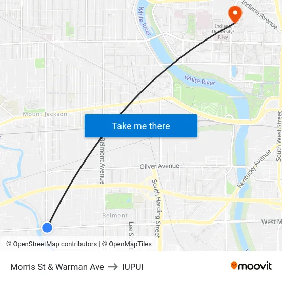 Morris St & Warman Ave to IUPUI map