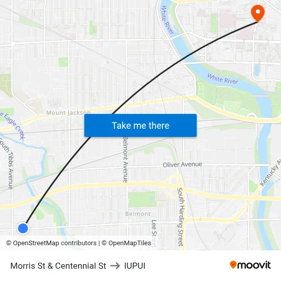 Morris St & Centennial St to IUPUI map