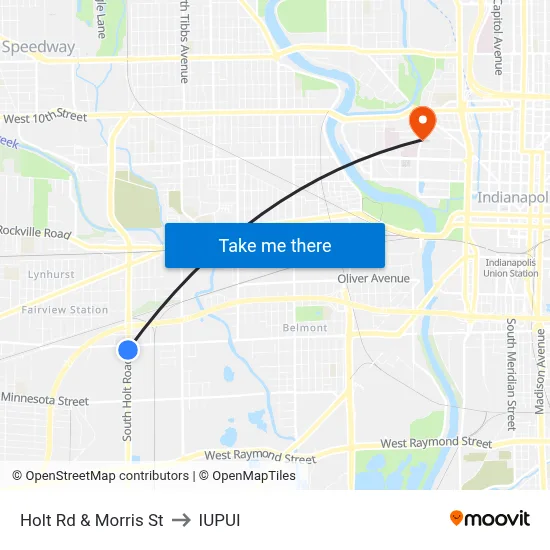 Holt Rd & Morris St to IUPUI map