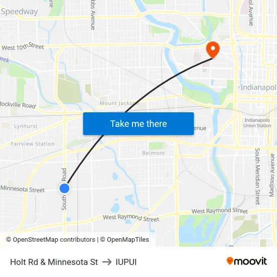 Holt Rd & Minnesota St to IUPUI map