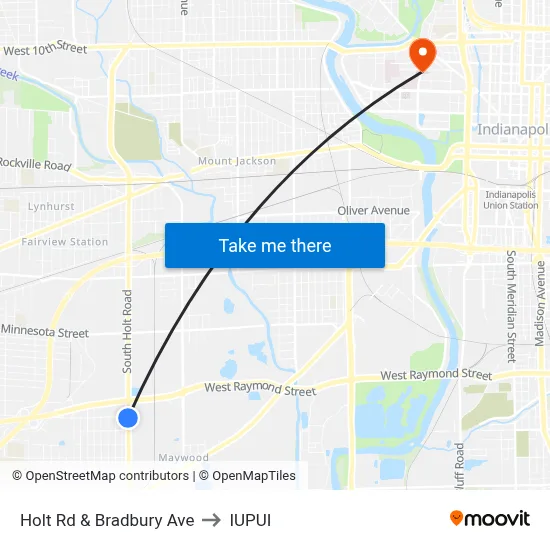 Holt Rd & Bradbury Ave to IUPUI map