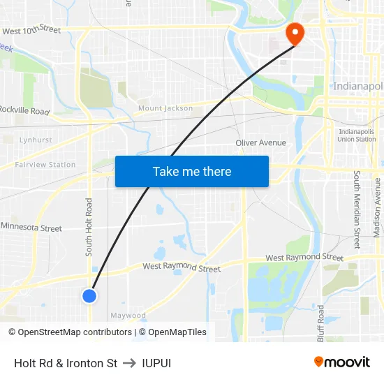Holt Rd & Ironton St to IUPUI map