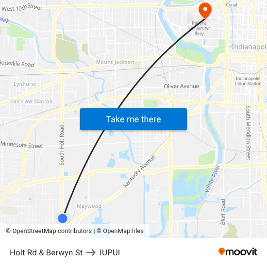 Holt Rd & Berwyn St to IUPUI map