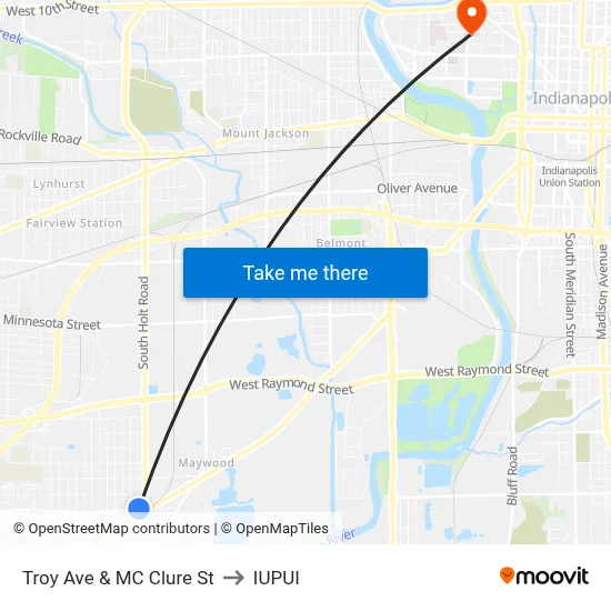Troy Ave & MC Clure St to IUPUI map