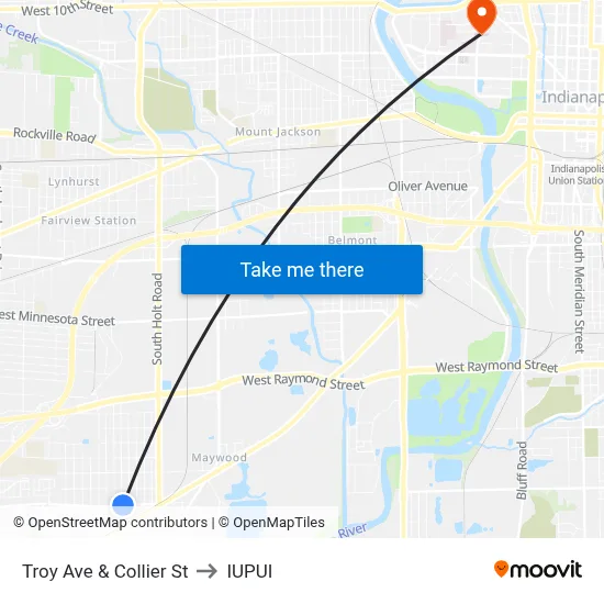 Troy Ave & Collier St to IUPUI map