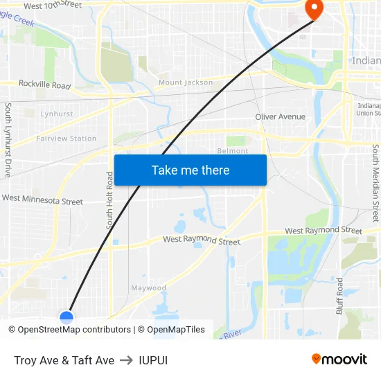 Troy Ave & Taft Ave to IUPUI map
