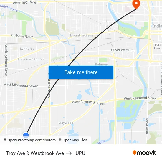 Troy Ave & Westbrook Ave to IUPUI map