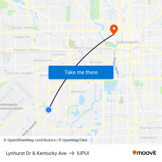 Lynhurst Dr & Kentucky Ave to IUPUI map
