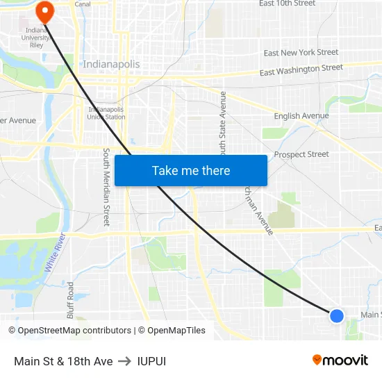 Main St & 18th Ave to IUPUI map