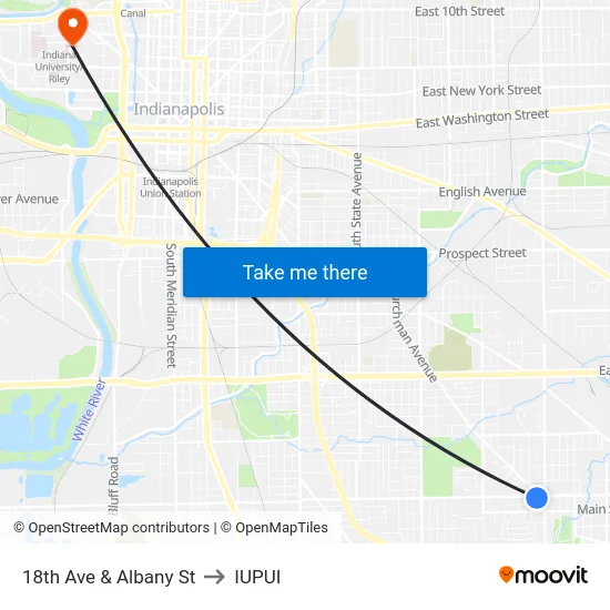 18th Ave & Albany St to IUPUI map