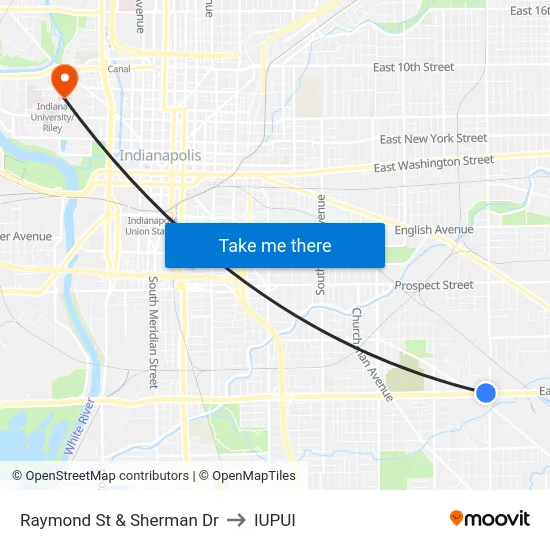 Raymond St & Sherman Dr to IUPUI map