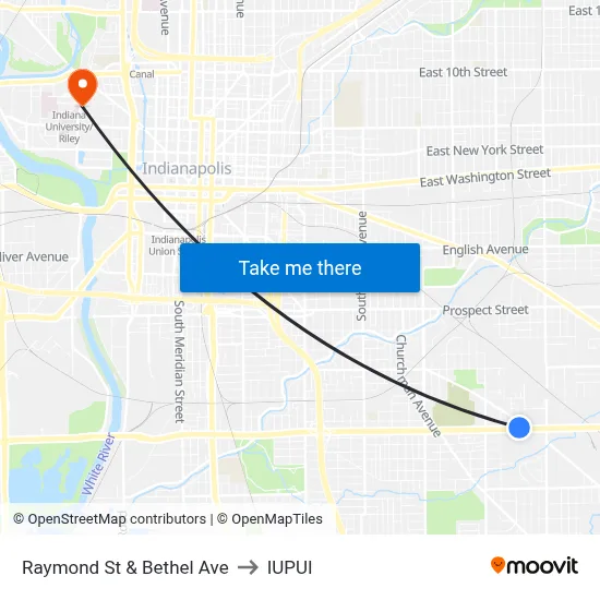 Raymond St & Bethel Ave to IUPUI map