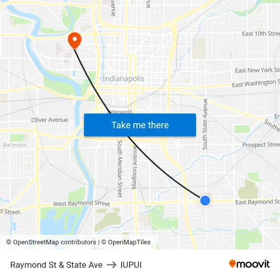 Raymond St & State Ave to IUPUI map