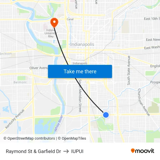 Raymond St & Garfield Dr to IUPUI map