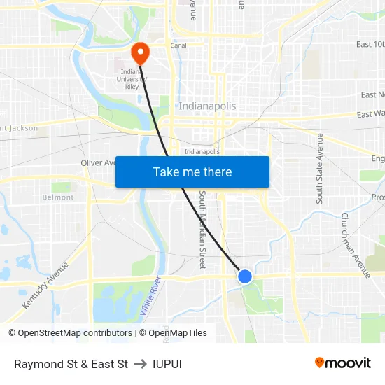 Raymond St & East St to IUPUI map