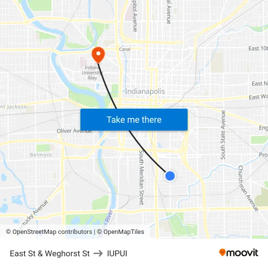 East St & Weghorst St to IUPUI map