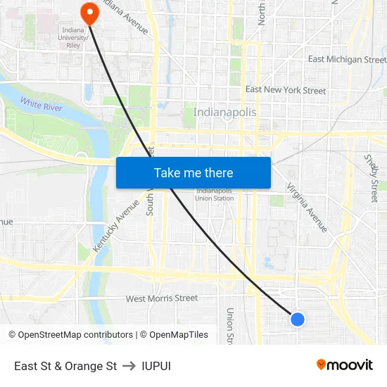 East St & Orange St to IUPUI map