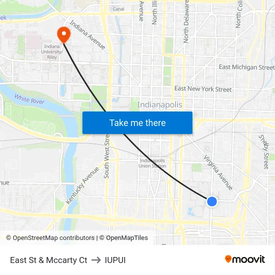 East St & Mccarty Ct to IUPUI map