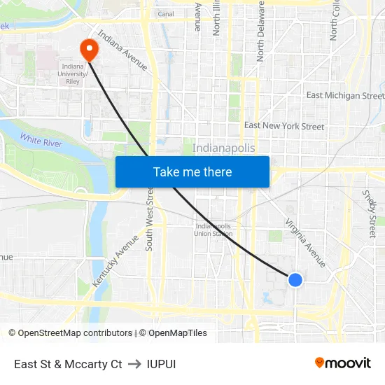 East St & Mccarty Ct to IUPUI map