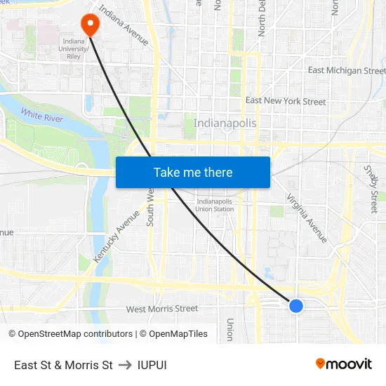 East St & Morris St to IUPUI map
