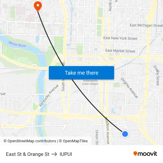 East St & Orange St to IUPUI map