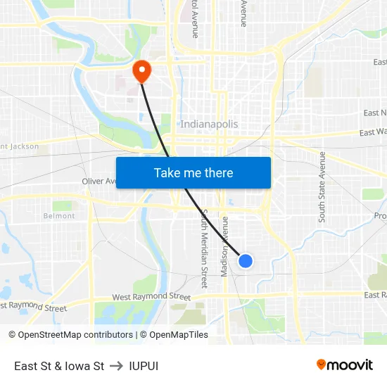 East St & Iowa St to IUPUI map