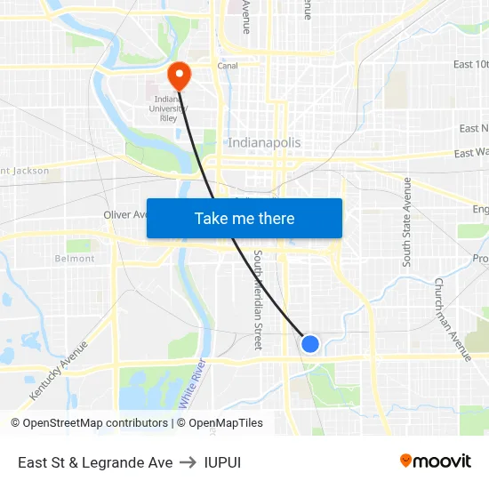 East St & Legrande Ave to IUPUI map