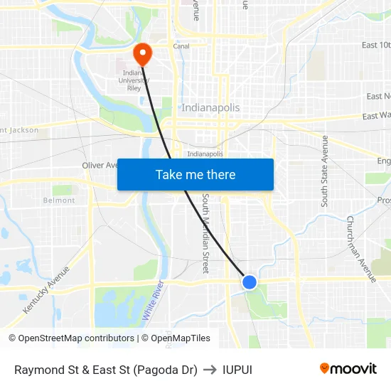 Raymond St & East St (Pagoda Dr) to IUPUI map