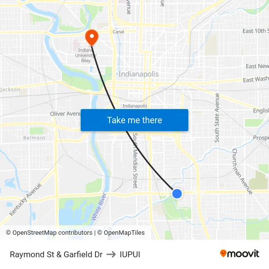 Raymond St & Garfield Dr to IUPUI map