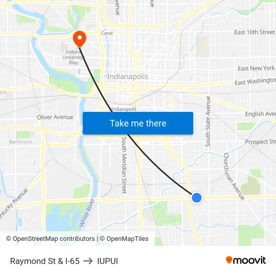 Raymond St & I-65 to IUPUI map