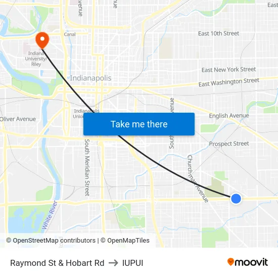 Raymond St & Hobart Rd to IUPUI map