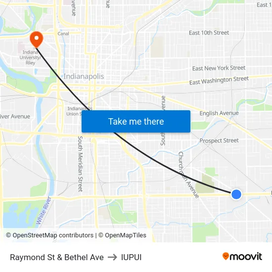Raymond St & Bethel Ave to IUPUI map