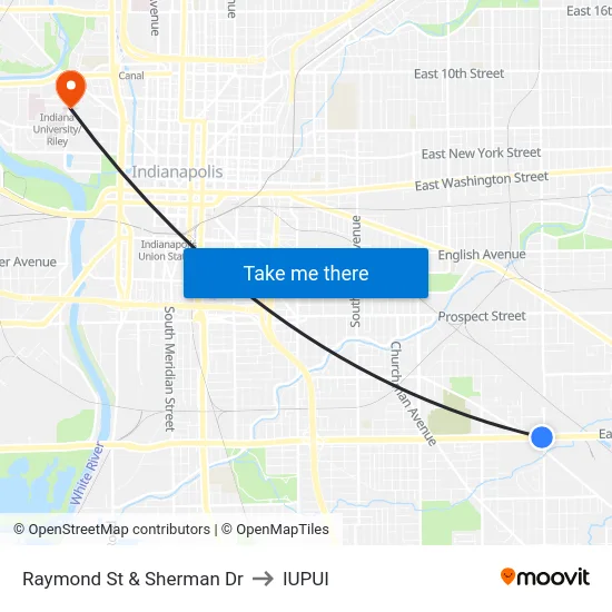 Raymond St & Sherman Dr to IUPUI map