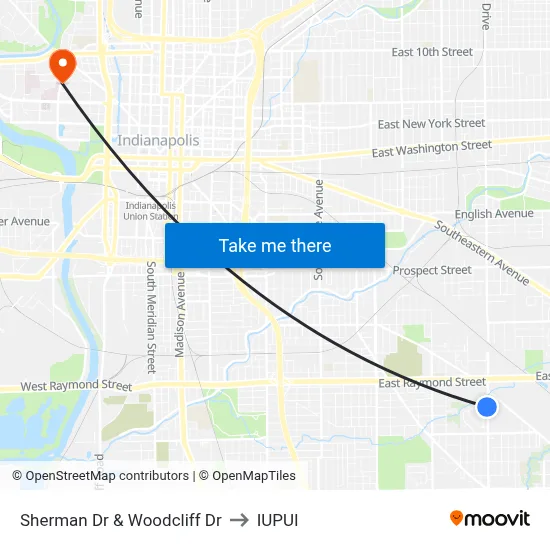 Sherman Dr & Woodcliff Dr to IUPUI map