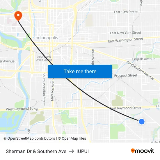 Sherman Dr & Southern Ave to IUPUI map