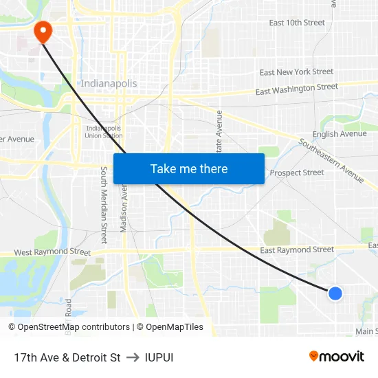 17th Ave & Detroit St to IUPUI map