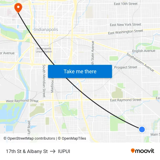 17th St & Albany St to IUPUI map
