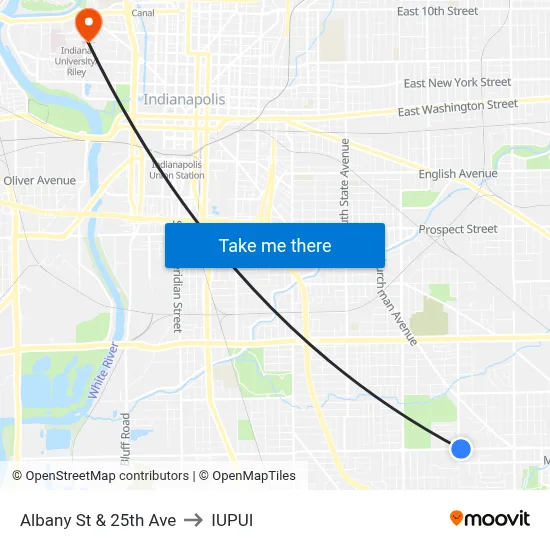 Albany St & 25th Ave to IUPUI map