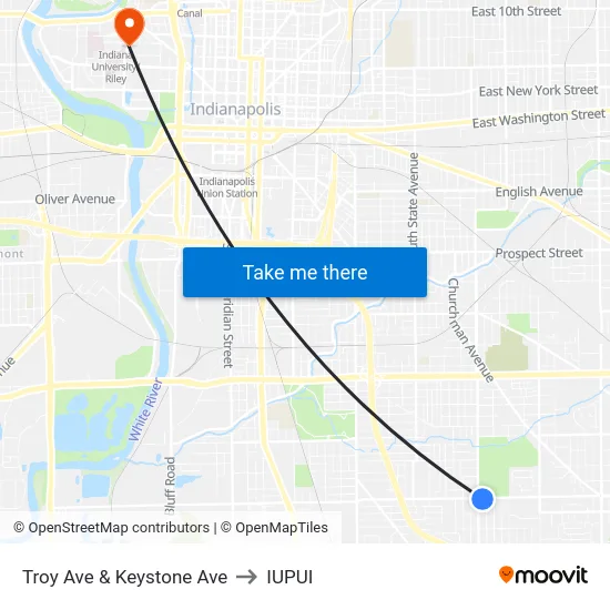 Troy Ave & Keystone Ave to IUPUI map
