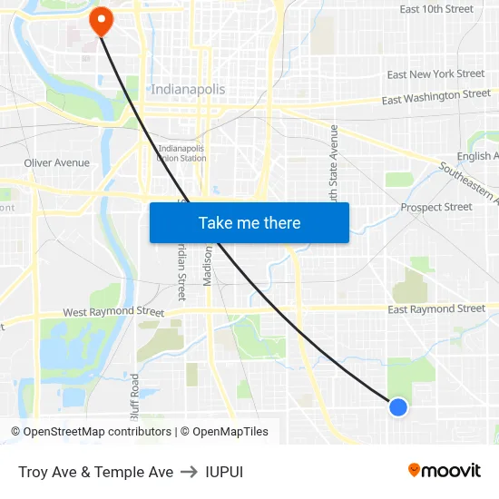 Troy Ave & Temple Ave to IUPUI map