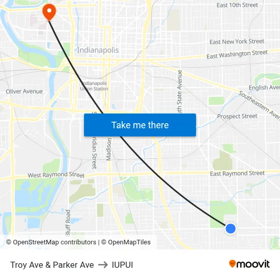 Troy Ave & Parker Ave to IUPUI map