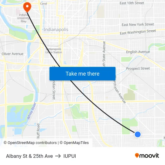 Albany St & 25th Ave to IUPUI map