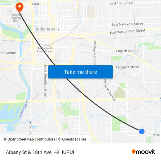 Albany St & 18th Ave to IUPUI map