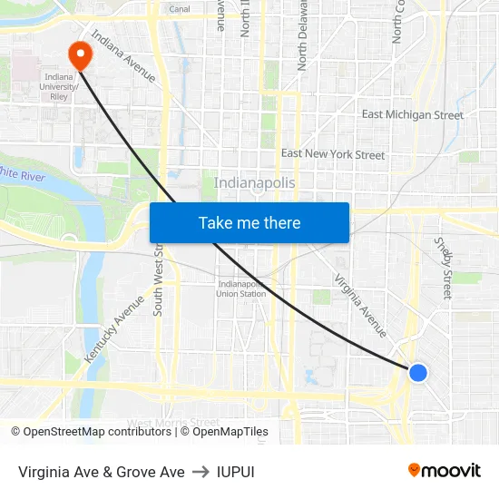 Virginia Ave & Grove Ave to IUPUI map