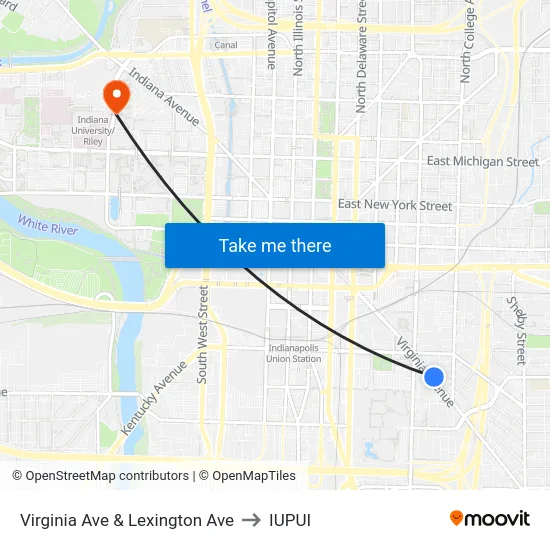 Virginia Ave & Lexington Ave to IUPUI map