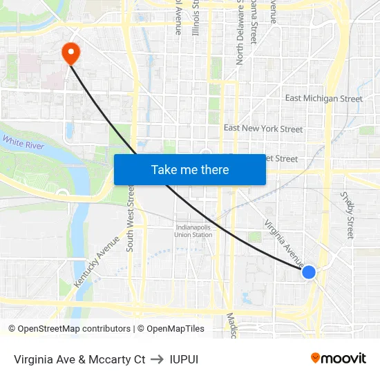 Virginia Ave & Mccarty Ct to IUPUI map