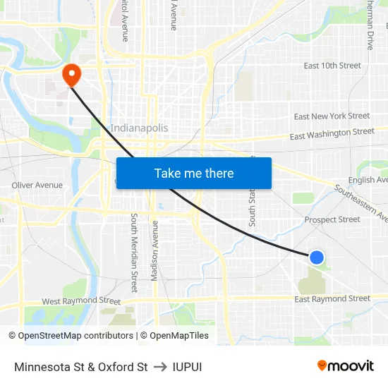 Minnesota St & Oxford St to IUPUI map