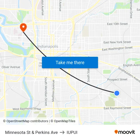 Minnesota St & Perkins Ave to IUPUI map