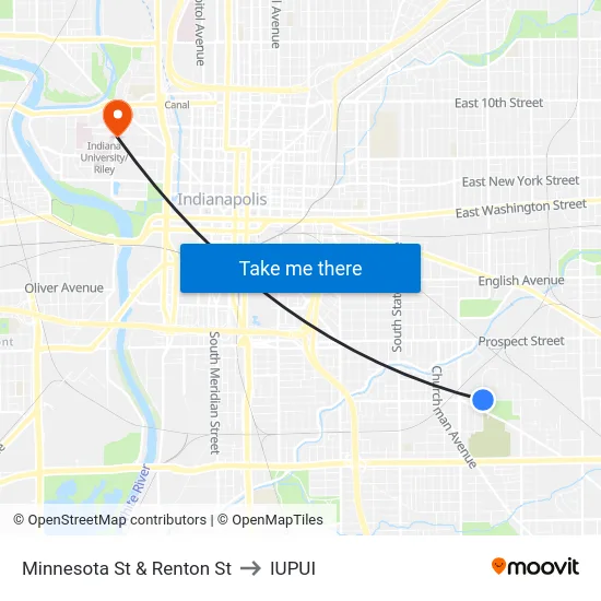 Minnesota St & Renton St to IUPUI map