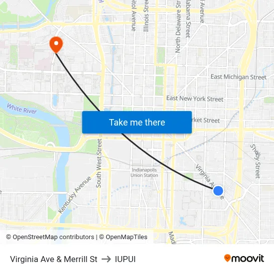 Virginia Ave & Merrill St to IUPUI map